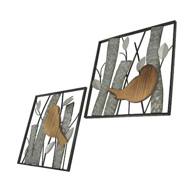 Zeckos Rustic Birds and Branches 2 Piece Wood and Metal Wall D&#233;cor Hanging Sculpture Set Image 1