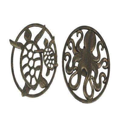 Zeckos Set of 2 Antique Bronze Finished Cast Iron Sea Turtle and Octopus Wall Art Sculptures - 11.5 Inches in Diameter - Coastal Charm and Marine Life Elegance Image 1