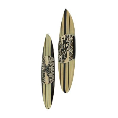 Zeckos Set Of 2 Hand Crafted Wooden Gecko and Sea Turtle Design Surfboard Wall D&#233;cor Hangings 20 Inches Image 1