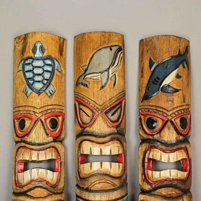 Zeckos Set of 3 Double Tiki Mask Ocean Animal Totem Hand Carved Wall Decor Sculpture 40 Inch Image 1