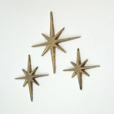Zeckos Set of 3 Metallic Gold Cast Iron 8 Pointed Atomic Starburst Wall Hangings Mid Century Modern D&#233;cor Stars Image 1