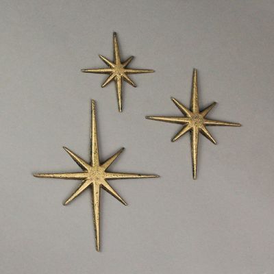 Zeckos Set of 3 Metallic Gold Cast Iron 8 Pointed Atomic Starburst Wall Hangings Mid Century Modern D&#233;cor Stars Image 3