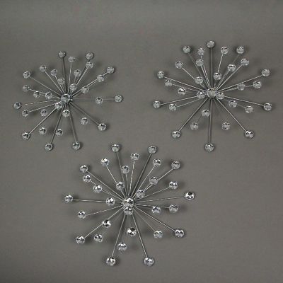 Zeckos Set Of 6 Silver Starburst Jeweled Metal Decorative Wall Art Hanging Rhinestone Crystal Home Decor Accents MCM Image 1