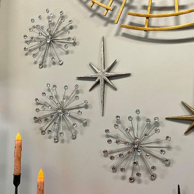 Zeckos Set Of 6 Silver Starburst Jeweled Metal Decorative Wall Art Hanging Rhinestone Crystal Home Decor Accents MCM Image 3