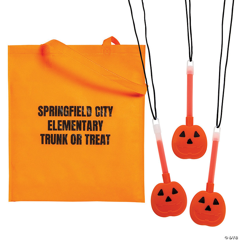 15" x 16 1/2" Personalized Halloween Tote Bag & Pumpkin Glow Necklace Kit for 48 Image