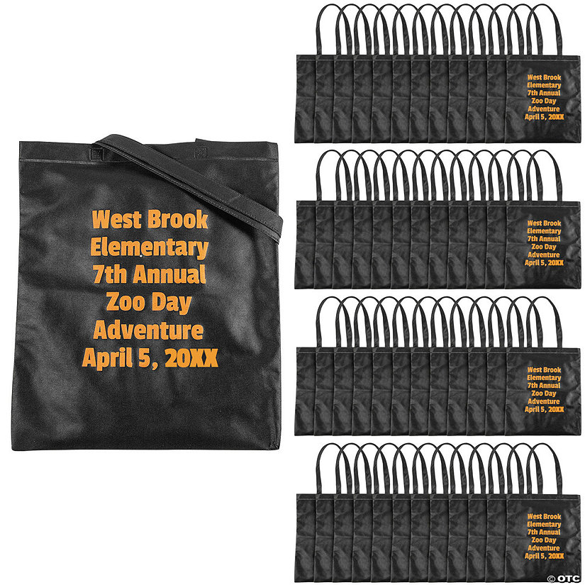 15" x 17" Bulk 48 Pc. Personalized Large Black Nonwoven Tote Bags with Text Color Choice Image Thumbnail
