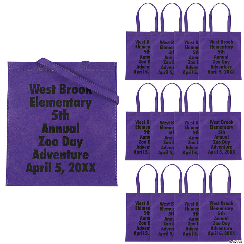 15" x 17" Personalized Large Purple Nonwoven Tote Bags with Text Color Choice - 48 Pc. Image Thumbnail