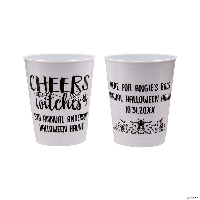 16 oz. Bulk 50 Ct. Personalized White Cheers Witches Double-Sided Reusable Plastic Cups Image Thumbnail