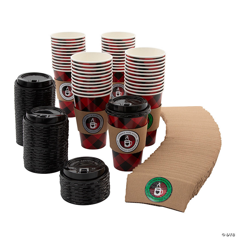 16 oz. Bulk Personalized 48 Ct. Buffalo Plaid Disposable Paper Coffee Cups with Lids & Sleeves. Image