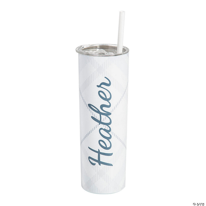 20 oz. Personalized Neutral Plaid Stainless Reusable Steel Tumbler with Lid & Straw Image