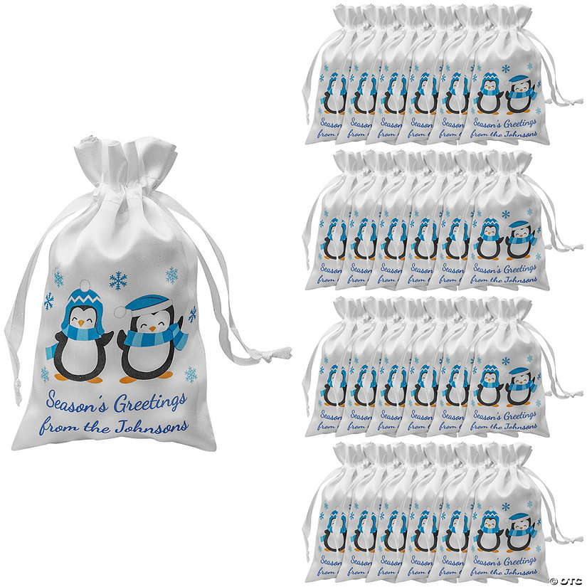 4" x 6" Personalized Mini Winter Penguins Satin Drawstring Bags - 24 Pc. Image Thumbnail
