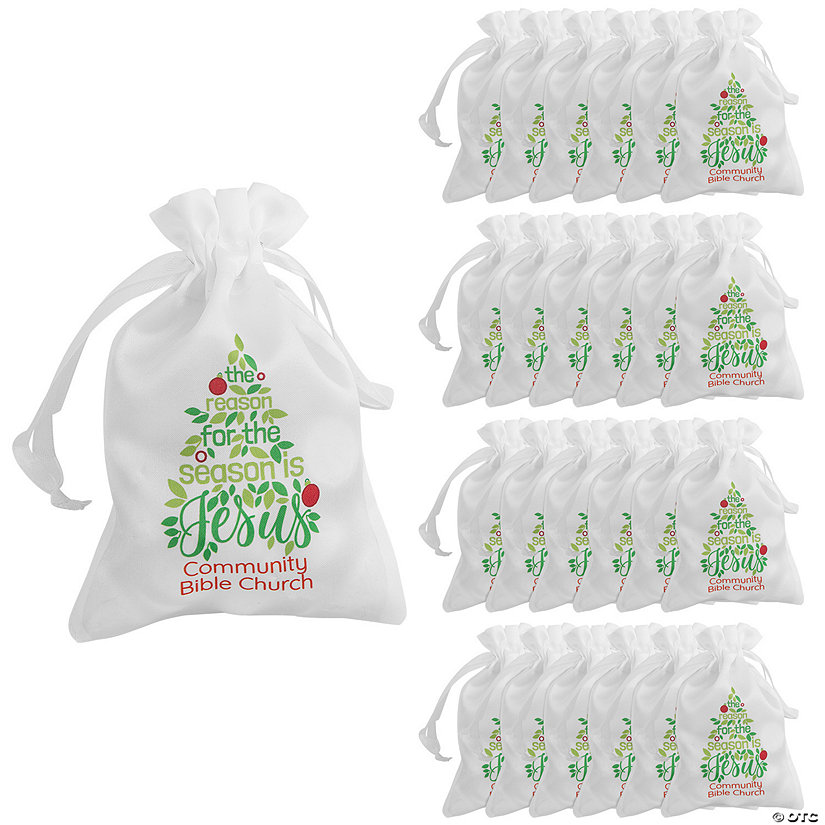 4" x 6" Personalized Religious Christmas Tree Mini Satin Drawstring Bags - 24 Pc. Image Thumbnail