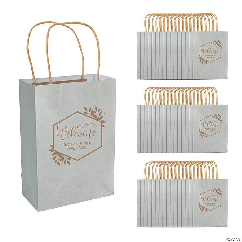 6 1/2" x 9" Bulk 72 Pc. Medium Silver Personalized Welcome Kraft Paper Gift Bags Image Thumbnail