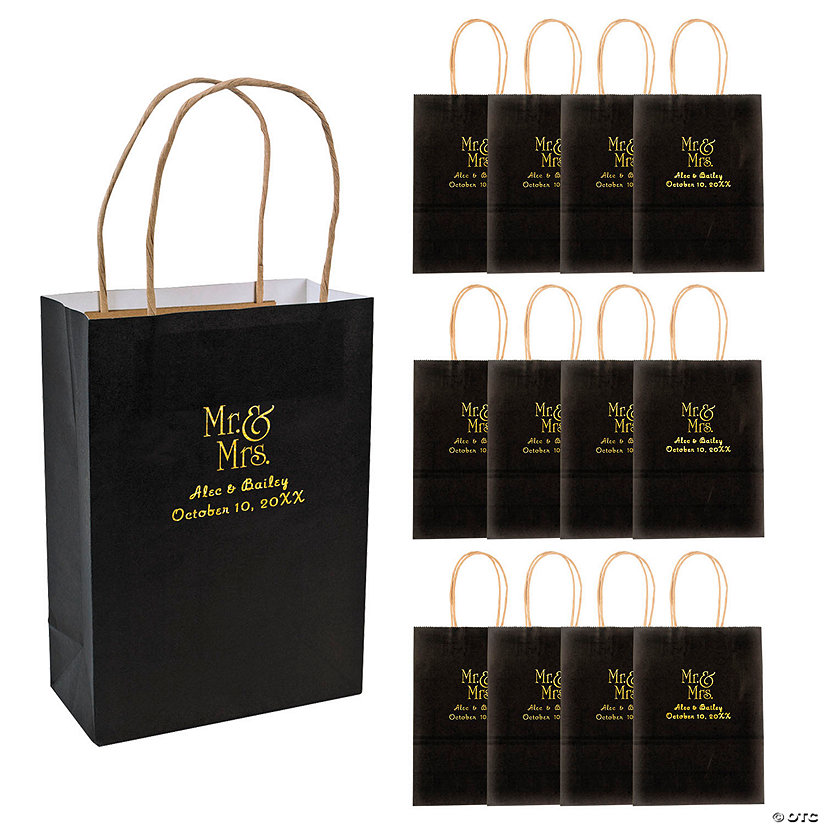 6 1/2" x 9" Medium Personalized Mr. & Mrs. Black Kraft Paper Gift Bags with Gold Foil - 12 Pc. Image Thumbnail