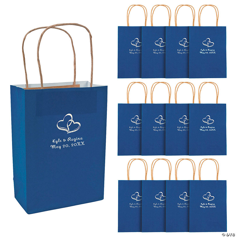 6 1/2" x 9" Medium Personalized Two Hearts Blue Kraft Paper Gift Bags with Silver Foil - 12 Pc. Image Thumbnail