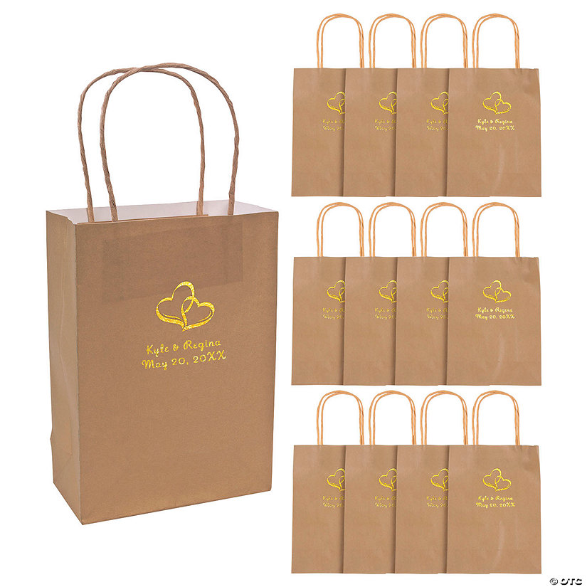 6 1/2" x 9" Medium Personalized Two Hearts Gold Kraft Paper Gift Bags with Gold Foil - 12 Pc. Image Thumbnail