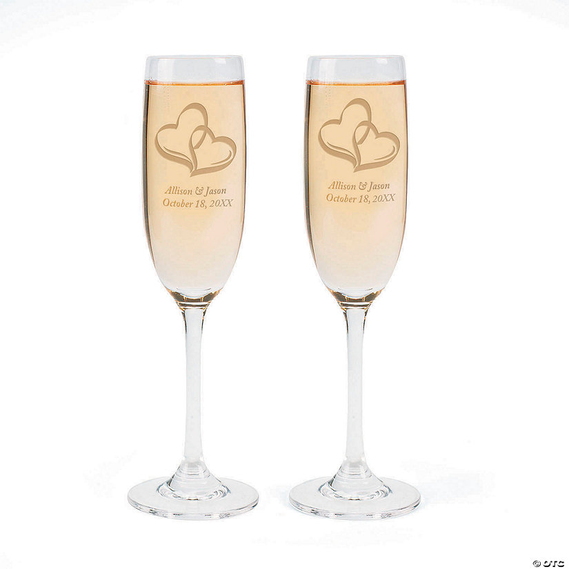 9" 8 oz. Personalized Wedding Two Hearts Reusable Glass Champagne Flute Set - 2 Ct. Image Thumbnail