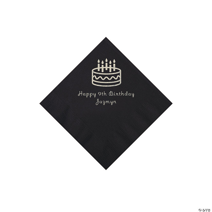 Black Birthday Cake Personalized Napkins with Silver Foil - 50 Pc. Beverage Image