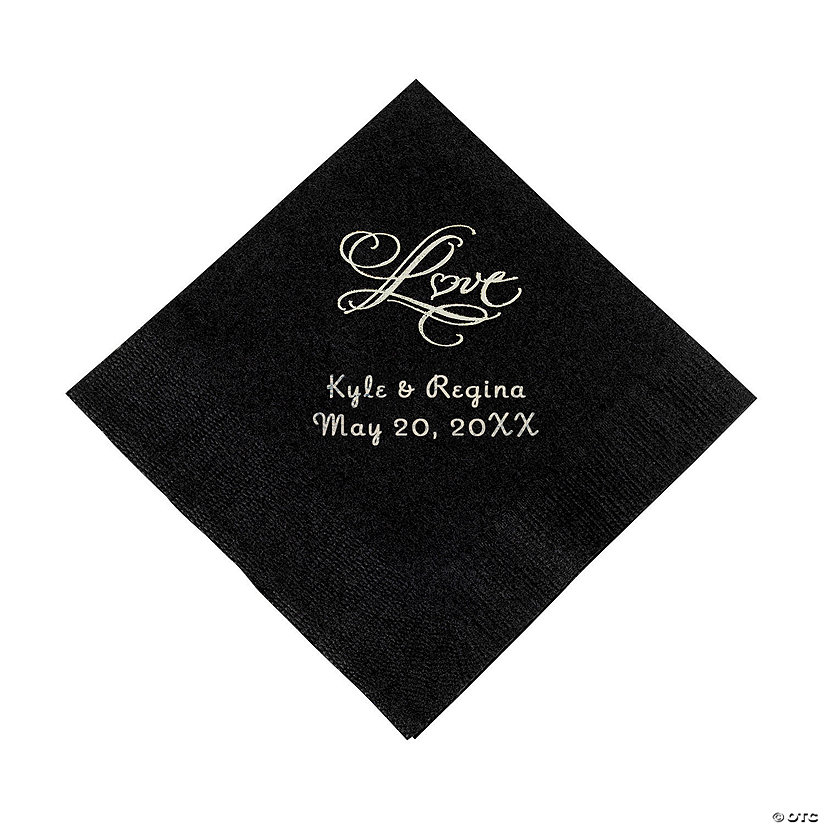 Black &#8220;Love&#8221; Personalized Napkins with Silver Foil - Beverage Image