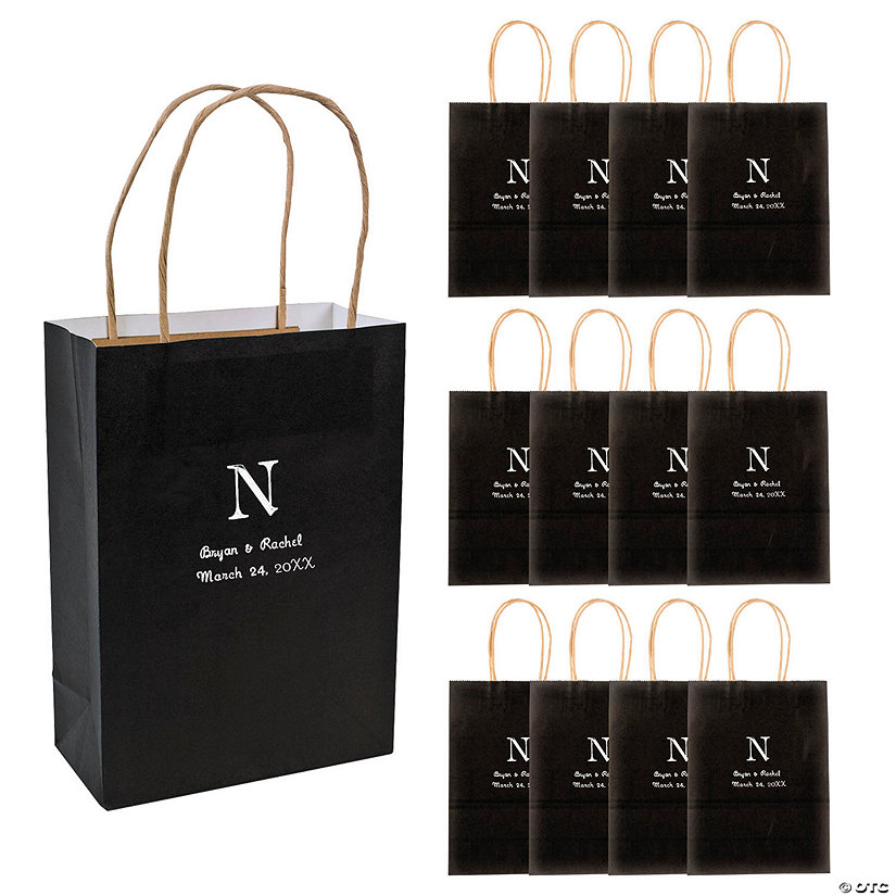 Black Medium Personalized Monogram Welcome Paper Gift Bags with Silver Foil - 12 Pc. Image Thumbnail