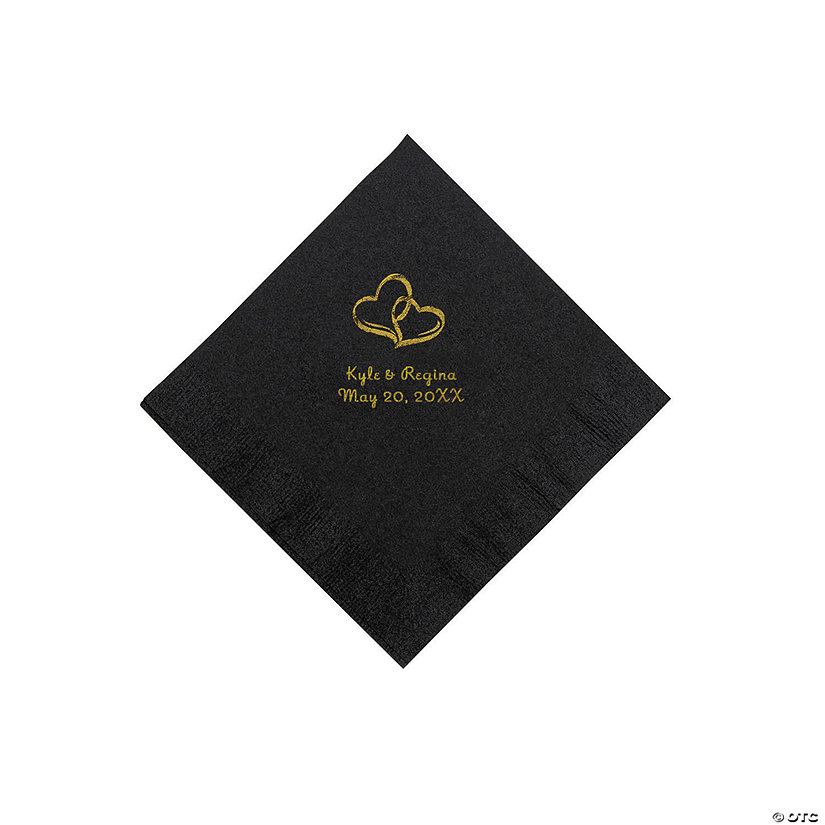 Black Two Hearts Personalized Napkins with Gold Foil - Beverage Image