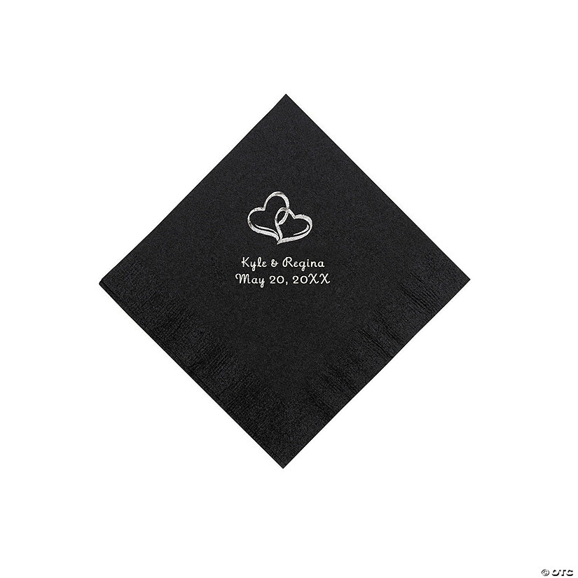 Black Two Hearts Personalized Napkins with Silver Foil - Beverage Image Thumbnail