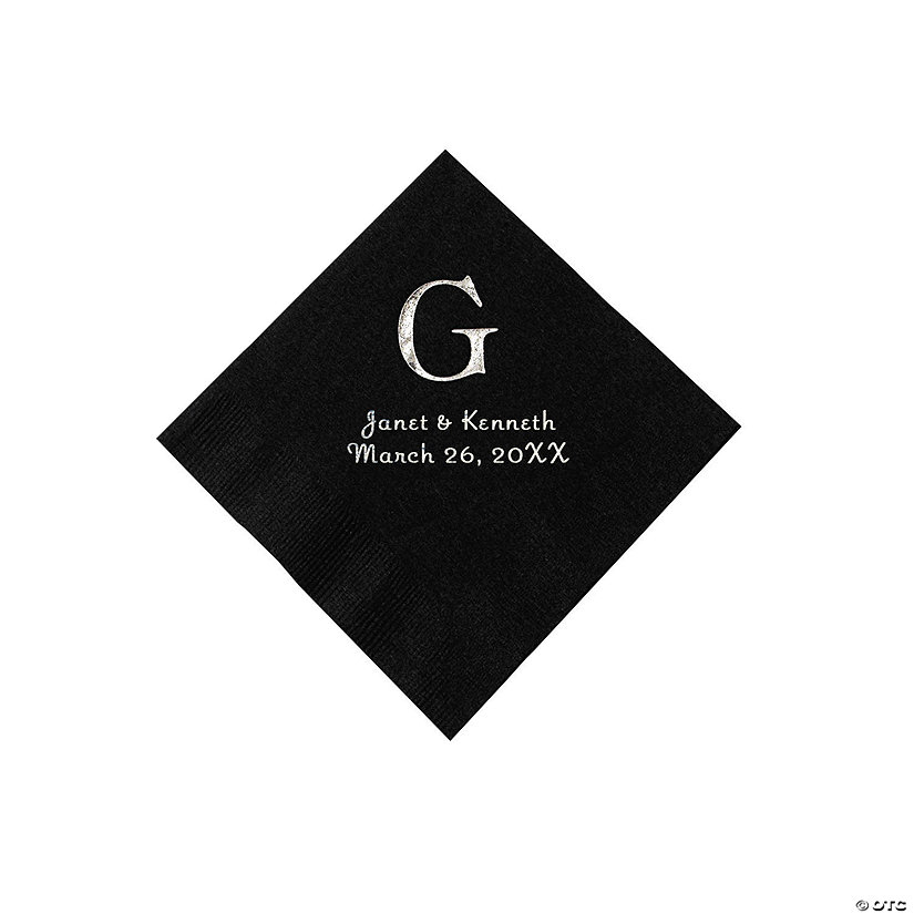 Black Wedding Monogram Personalized Napkins with Silver Foil - Beverage Image