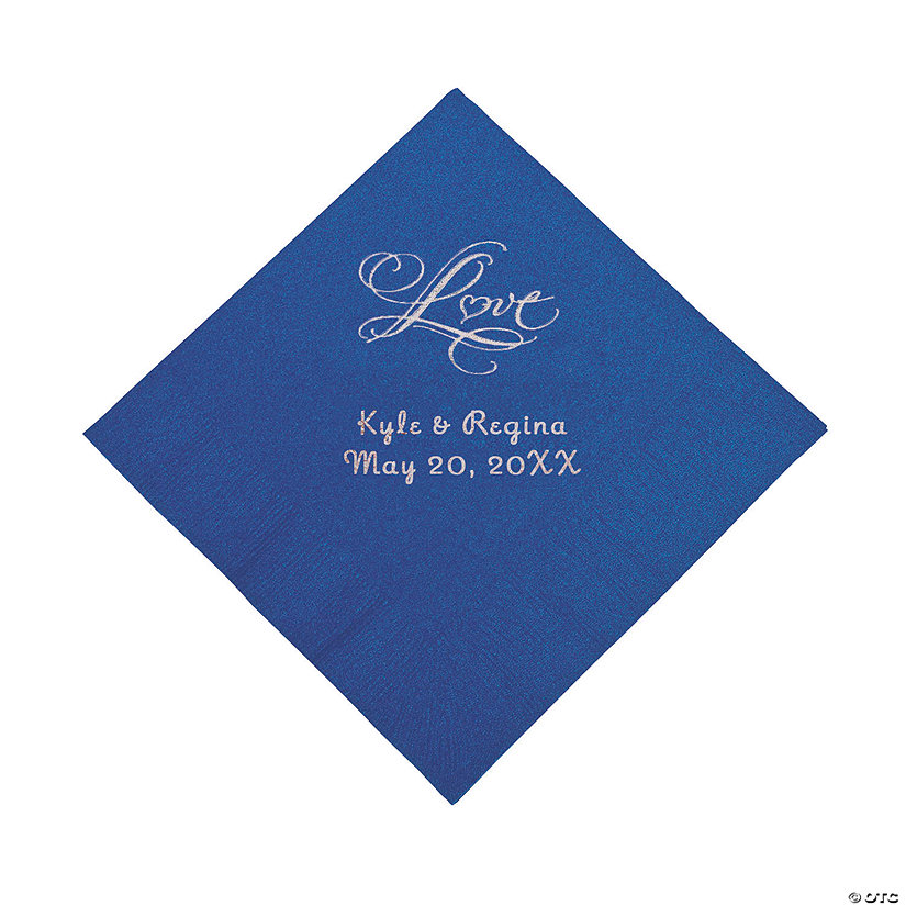 Blue &#8220;Love&#8221; Personalized Napkins with Silver Foil - Beverage Image