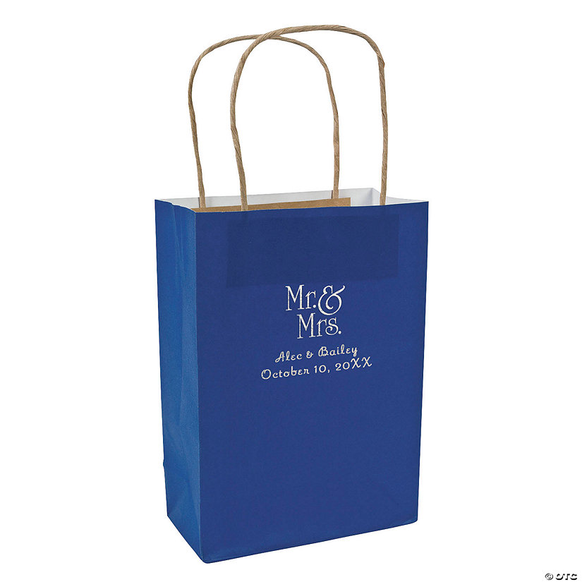 Blue Medium Mr. & Mrs. Personalized Kraft Paper Gift Bags with Silver Foil - 12 Pc. Image Thumbnail