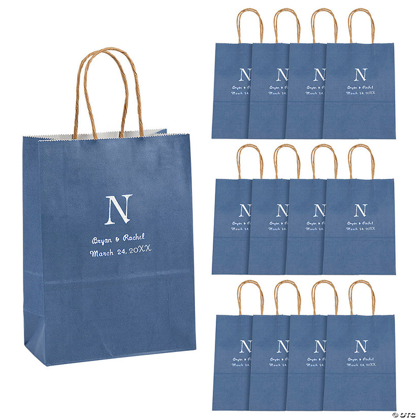 Blue Medium Personalized Monogram Welcome Gift Bags with Silver Foil - 12 Pc. Image