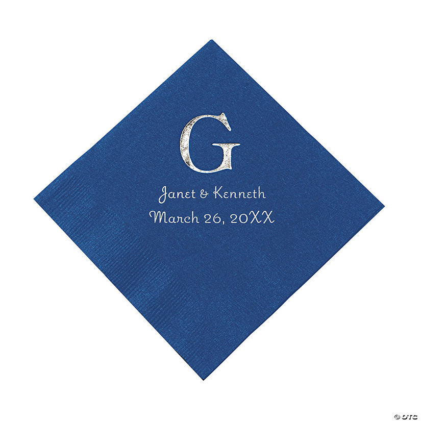Blue Monogram Wedding Personalized Napkins with Silver Foil - Luncheon Image Thumbnail