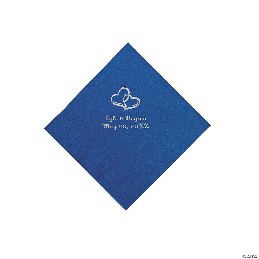 Blue Two Hearts Personalized Napkins with Silver Foil - Beverage Image