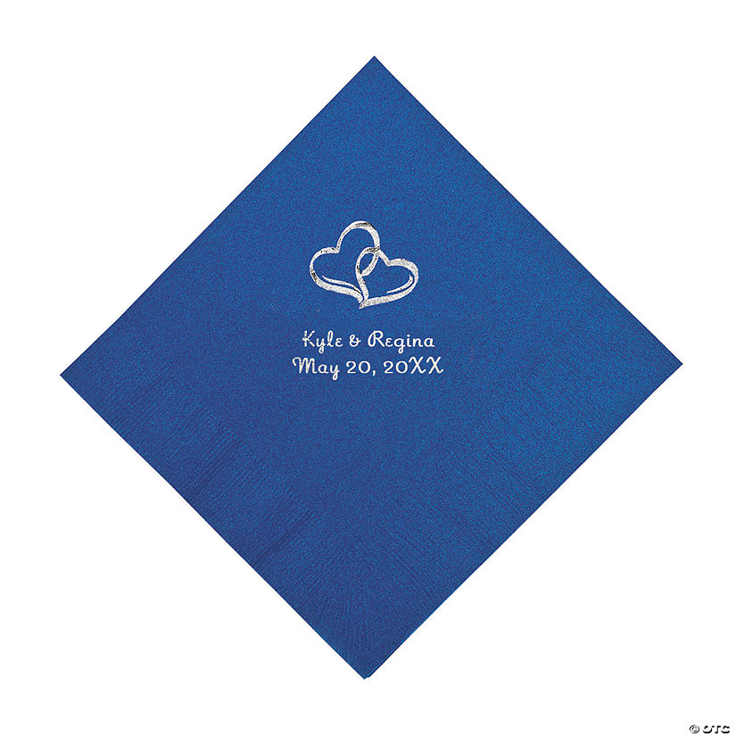 Blue Two Hearts Personalized Napkins with Silver Foil - Luncheon Image