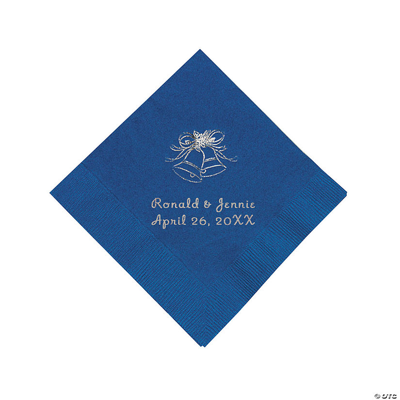 Blue Wedding Bell Personalized Napkins with Silver Foil - Beverage Image