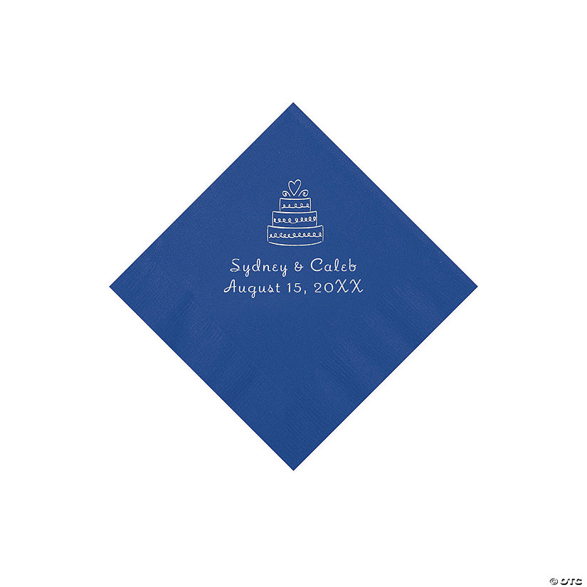 Blue Wedding Cake Personalized Napkins with Silver Foil - 50 Pc. Beverage Image