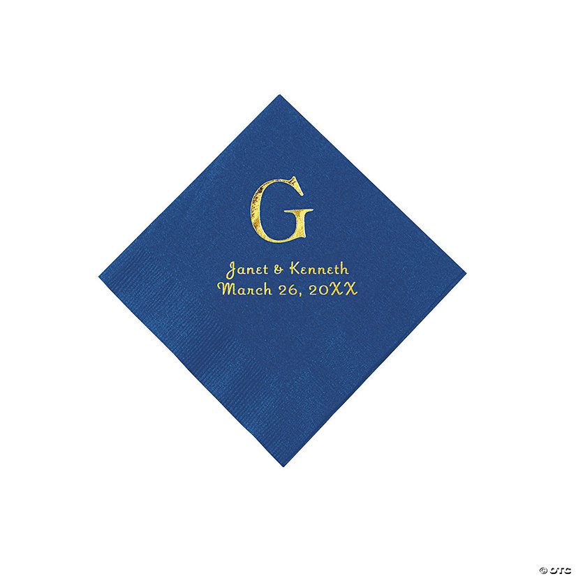 Blue Wedding Monogram Personalized Napkins with Gold Foil - Beverage Image