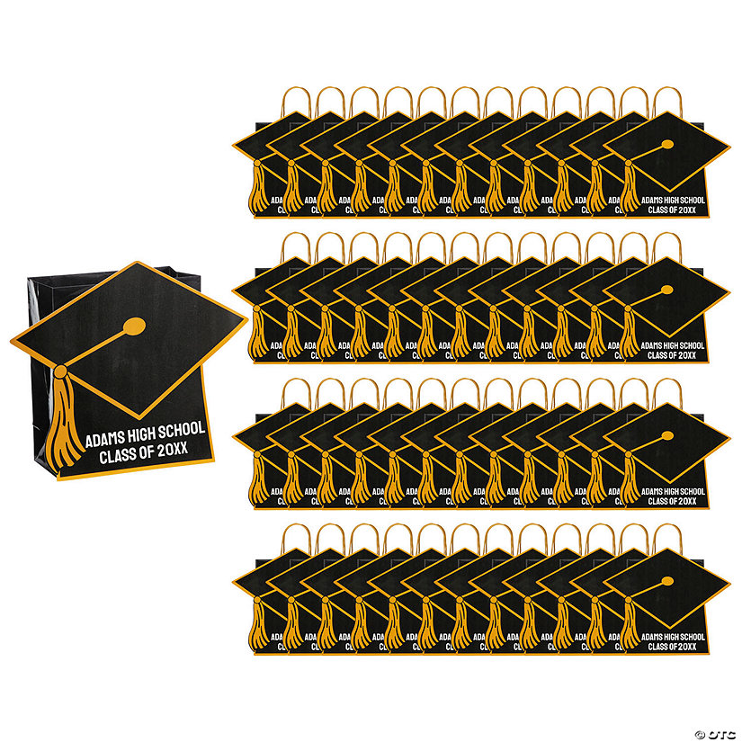 Bulk 48 Pc. 7 1/4" x 9" Personalized Medium Black Gift Bags with Graduation Cap Image Thumbnail