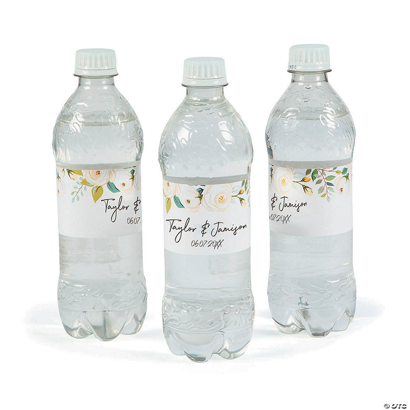Bulk 50 Pc. Personalized White Floral Wedding Water Bottle Labels Image Thumbnail