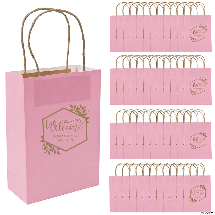 Bulk 72 Pc. Personalized Medium Pink Welcome Kraft Paper Gift Bags Image Thumbnail
