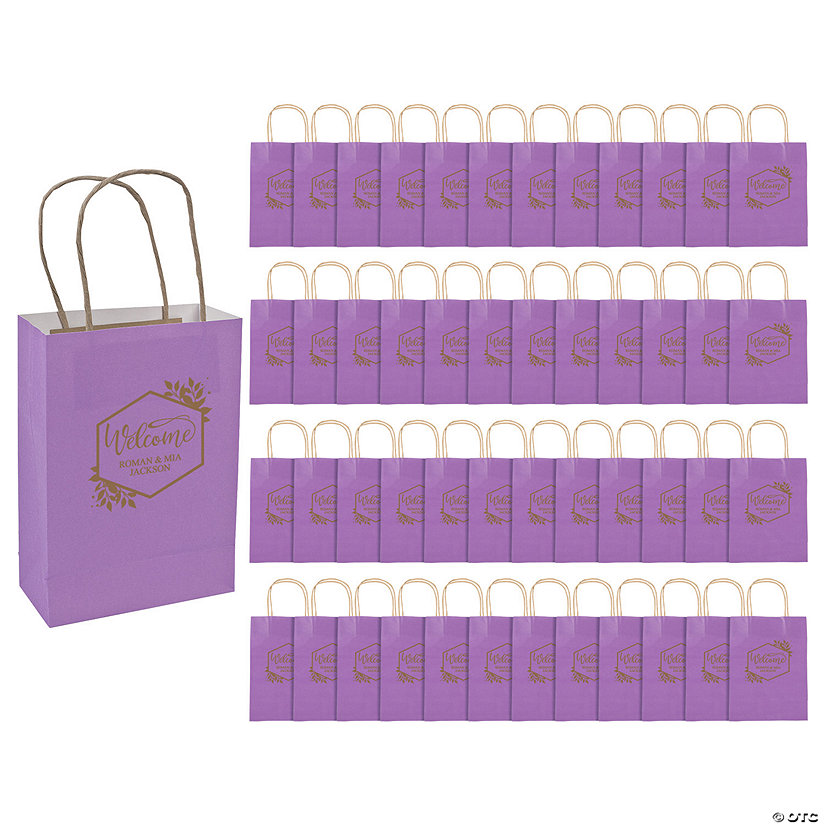 Bulk 72 Pc. Personalized Medium Purple Welcome Kraft Paper Gift Bags Image Thumbnail