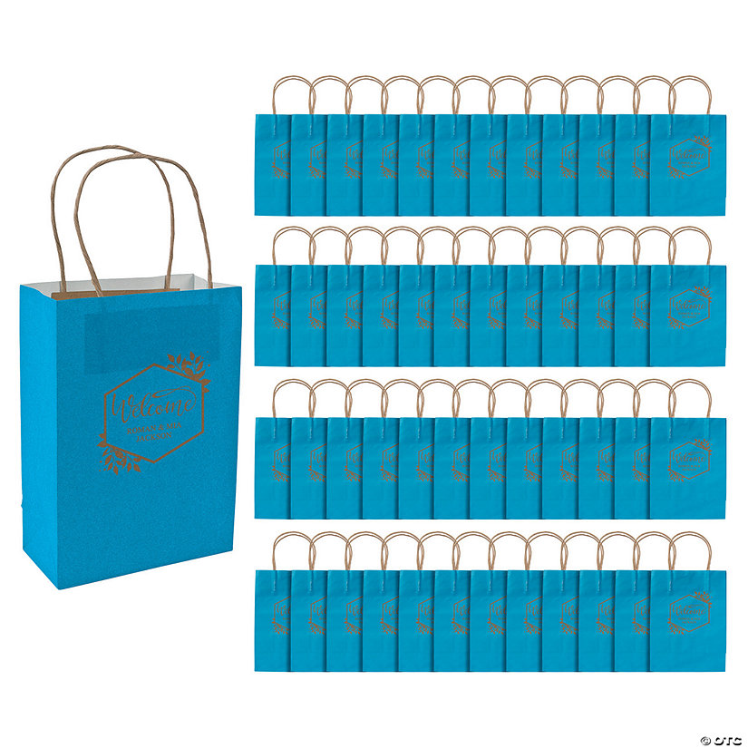 Bulk 72 Pc. Personalized Medium Turquoise Welcome Kraft Paper Gift Bags Image Thumbnail