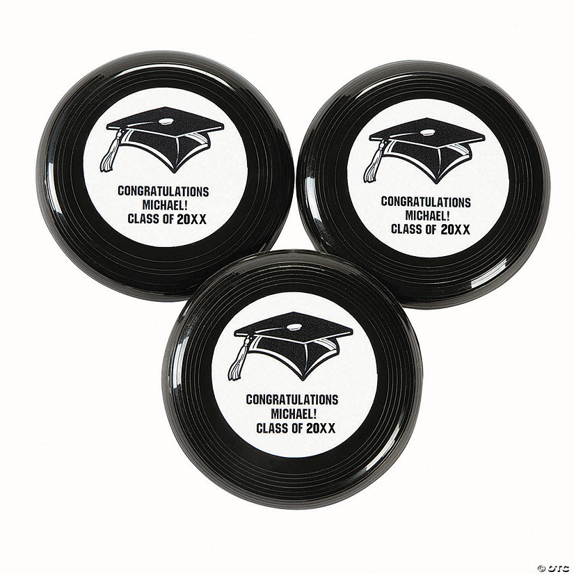 Bulk 72 Pc. Personalized Mini Black Graduation Flying Discs Image Thumbnail