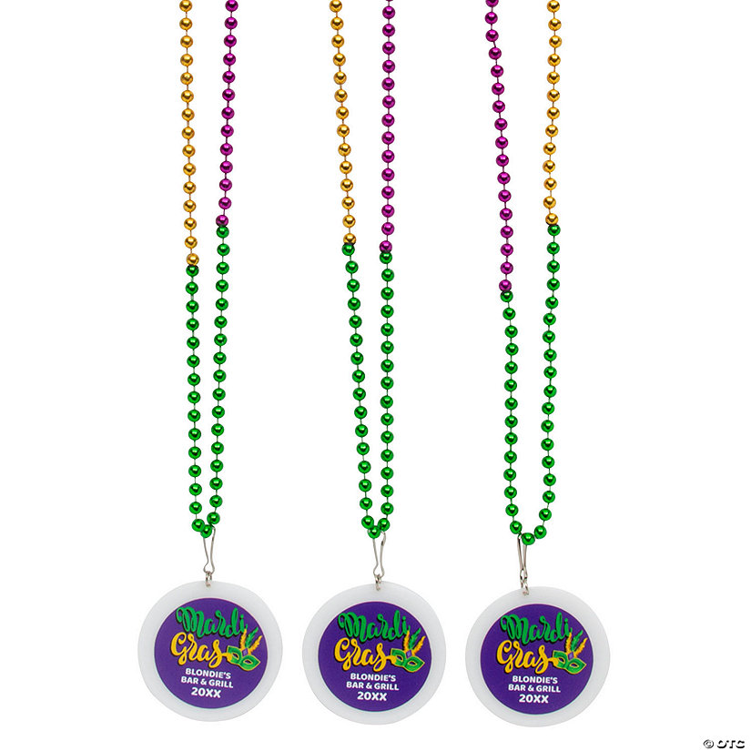 Bulk Personalized Metallic Tri-Color Mardi Gras Bead Necklaces with Charm for 48 Image