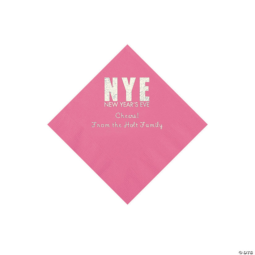 Candy Pink New Year&#8217;s Eve Personalized Napkins with Silver Foil - Beverage Image Thumbnail