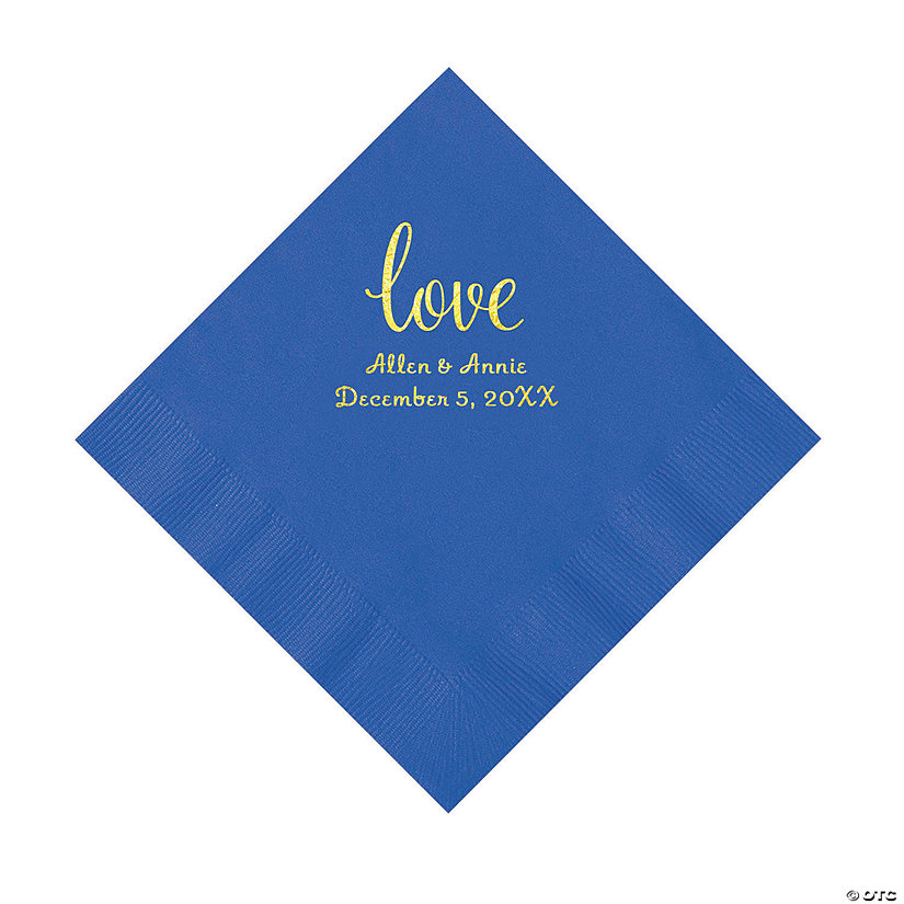 Cobalt Blue Love Script Personalized Napkins with Gold Foil - Luncheon Image Thumbnail