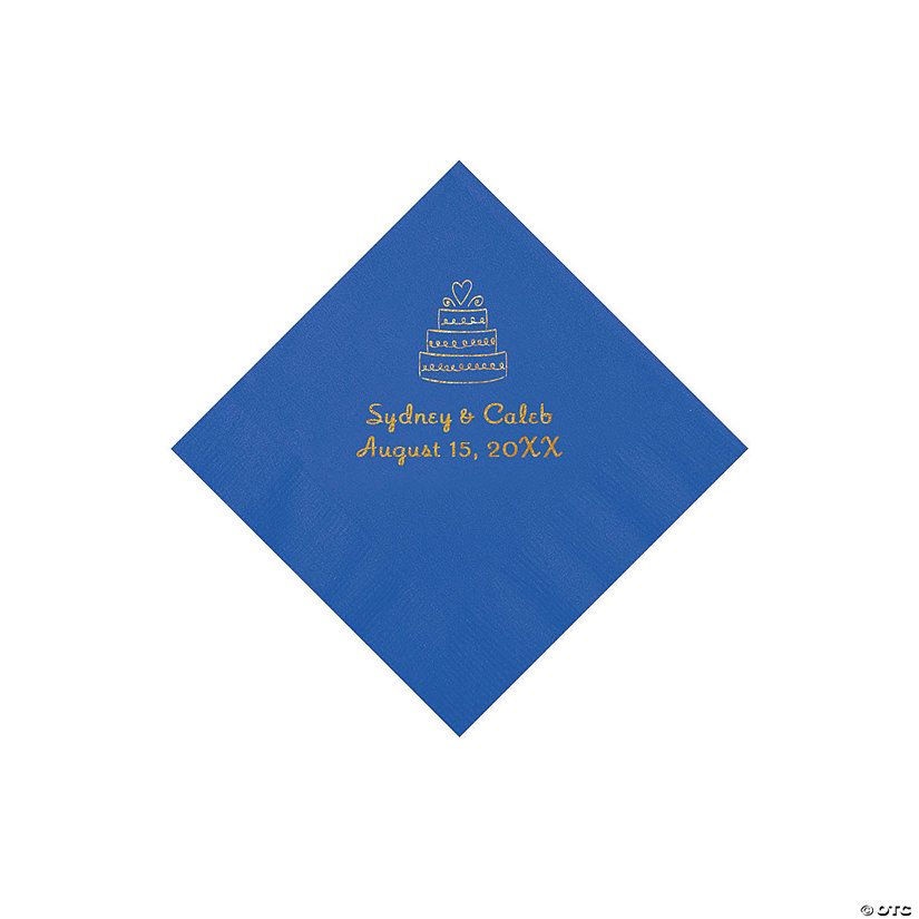 Cobalt Blue Wedding Cake Personalized Napkins with Gold Foil - 50 Pc. Beverage Image