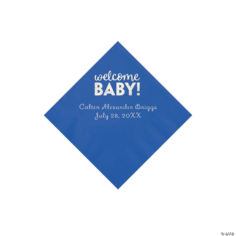 Cobalt Blue Welcome Baby Personalized Napkins with Silver Foil - 50 Pc. Beverage Image