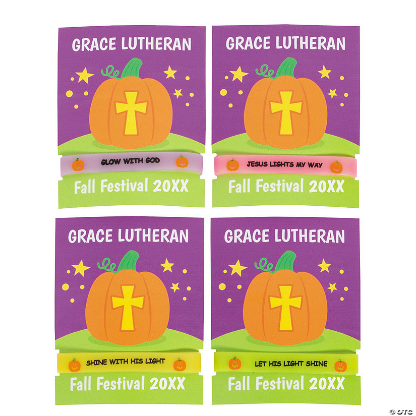 Glow-in-the-Dark Christian Pumpkin Bracelets with Personalized Cards - 24 Pc. Image