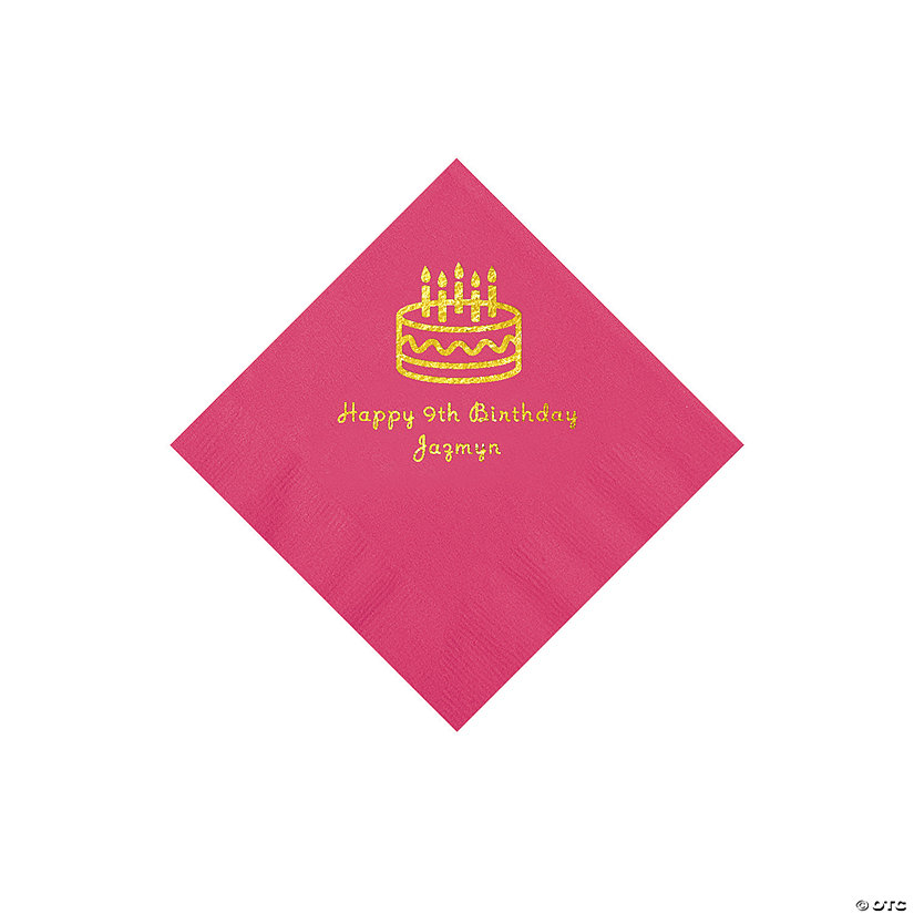 Hot Pink Birthday Cake Personalized Napkins with Gold Foil - 50 Pc. Beverage Image Thumbnail