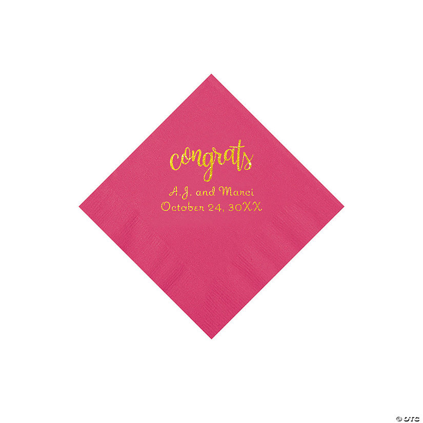 Hot Pink Congrats Personalized Napkins with Gold Foil - Beverage Image Thumbnail